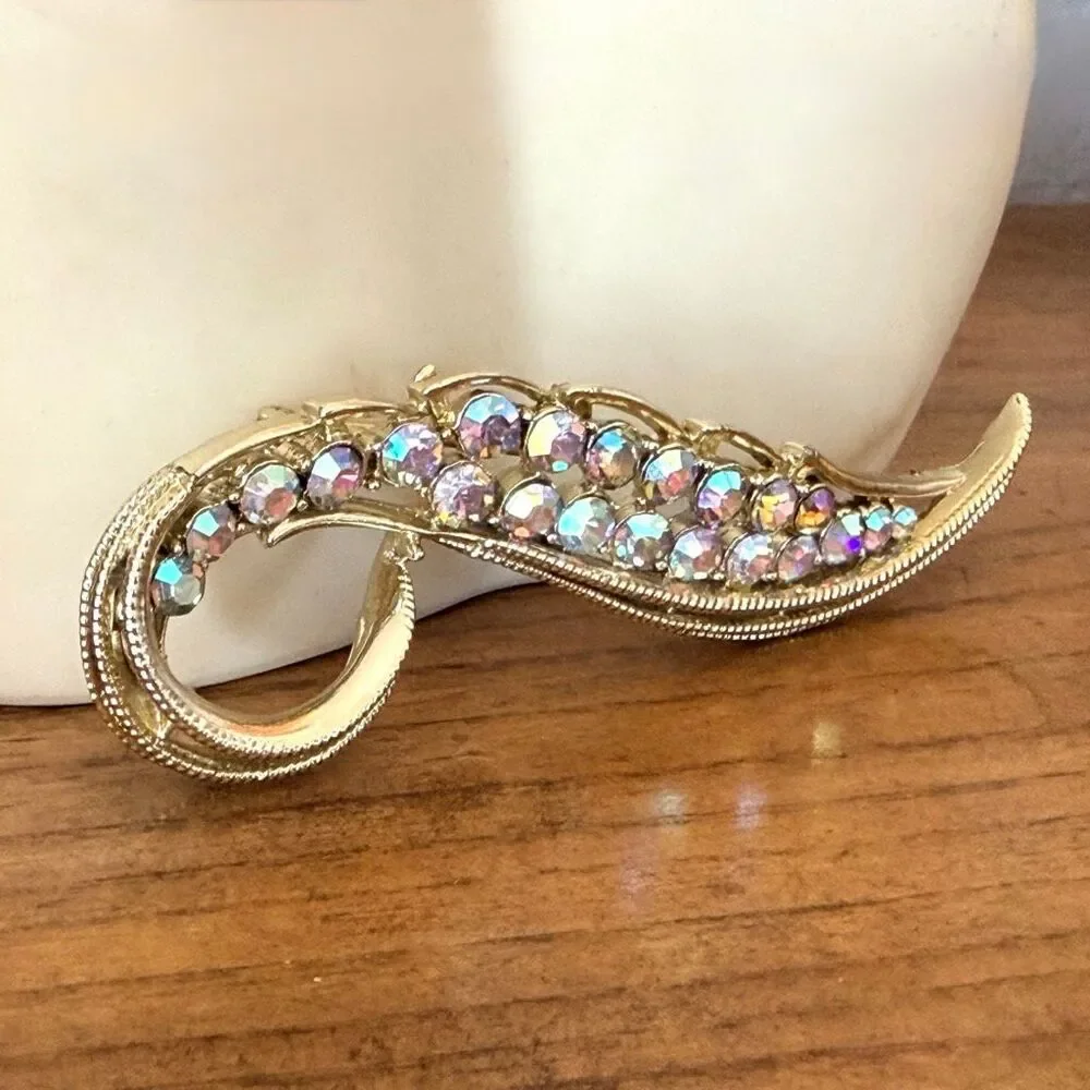 Vintage Aurora Borealis Rhinestone Feather Brooch Pin
